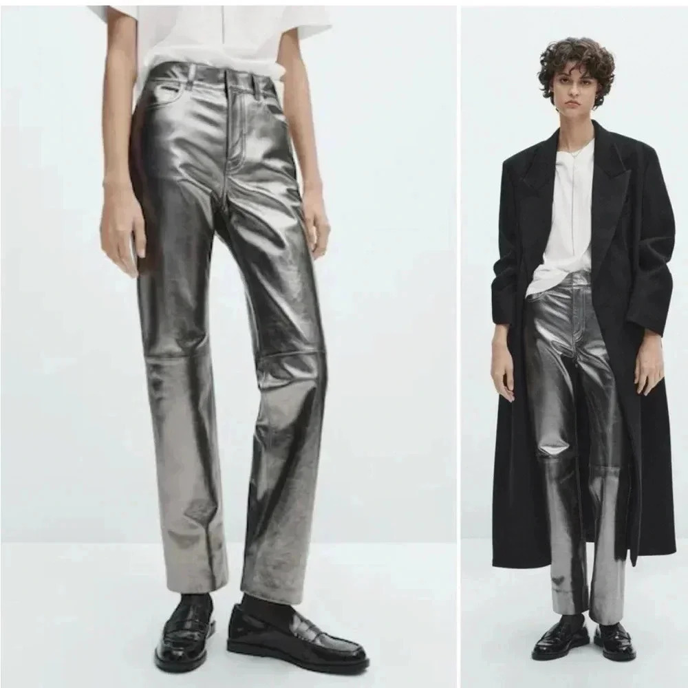 Massimo dutti silver metallic leather pants XS